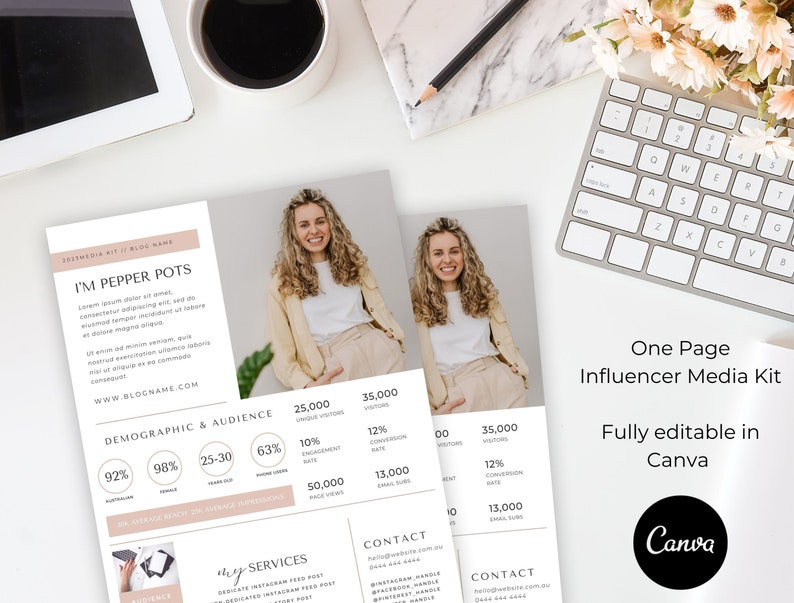 Peut inclure: Mod&egrave;le de kit m&eacute;dia d'influenceur d'une page avec un sch&eacute;ma de couleurs rose et blanc. Le mod&egrave;le comprend une photo d'une femme, une section pour les informations d&eacute;mographiques et le public, une section pour les services et une section de contact. Le texte "One Page Influencer Media Kit" et "Enti&egrave;rement &eacute;ditable dans Canva" est affich&eacute; sur le mod&egrave;le. Le logo Canva est &eacute;galement affich&eacute;.