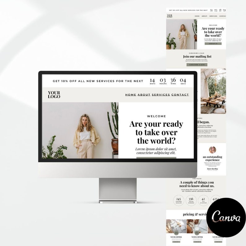 May include: A website mockup with the text "Are you ready to take over the world?" and a countdown timer showing 14 days, 3 hours, 36 minutes, and 4 seconds. The website also features a photo of a woman standing in front of a cactus plant.