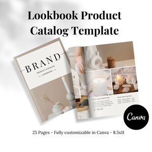May include: A product catalog template for a brand, featuring a minimalist design with a neutral color palette. The template includes a cover page with the brand name and a sample product page with a product image, description, and price. The template is fully customizable in Canva and is available in 8.5x11 inches.