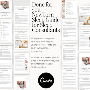 Puede incluir: Una maqueta de producto digital para una guía editable de 15 páginas para consultores del sueño. La guía incluye información sobre el sueño del recién nacido, métodos de entrenamiento del sueño y consejos. La guía es personalizable con tus propias imágenes, colores y fuentes. El texto en la maqueta dice "Hecho para ti Guía del sueño del recién nacido para consultores del sueño".
