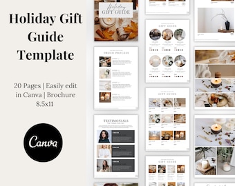 May include: A brochure template titled "Holiday Gift Guide" with a white background. The brochure includes pages with candle product photos, text, and the Canva logo. The brochure is 8.5x11 inches and has 20 pages.