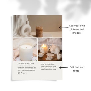 May include: Three different candles in glass jars, two with white wax and one with brown wax. The candles are on a white surface with a white fabric background. The candles are arranged in a grid pattern. The text "ITEM DESCRIPTION" and "Item Description" is visible below the images. The text "Lorem ipsum dolor sit amet, consectetur adipiscing elit, sed do eiusmod tempor incididunt ut labore et dolore magna aliqua. $100.00" is visible below the image of the white candle. The text "Name / Description - Item" is repeated three times below the image of the candle with crystals.