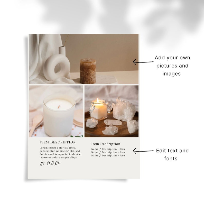 May include: Three different candles in glass jars, two with white wax and one with brown wax. The candles are on a white surface with a white fabric background. The candles are arranged in a grid pattern. The text "ITEM DESCRIPTION" and "Item Description" is visible below the images. The text "Lorem ipsum dolor sit amet, consectetur adipiscing elit, sed do eiusmod tempor incididunt ut labore et dolore magna aliqua. $100.00" is visible below the image of the white candle. The text "Name / Description - Item" is repeated three times below the image of the candle with crystals.