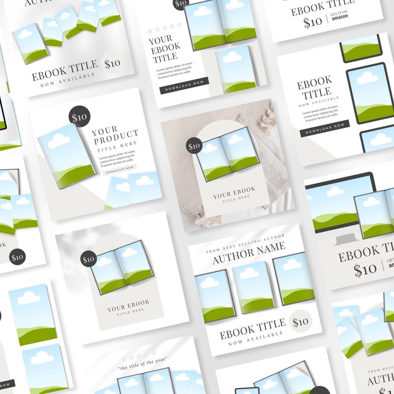 May include: A collection of social media post templates for promoting an ebook. The templates feature a book cover with a green landscape and blue sky, and the text "EBOOK TITLE" and "$10".
