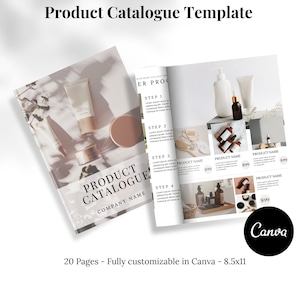 May include: A product catalogue template for a company selling beauty products. The template is designed to be used in Canva and features a minimalist aesthetic with a light pink and white color scheme. The template includes product images, descriptions, and pricing information. The text on the page reads "Our New Collection, ER PRO", "Step 1", "Step 2", "Step 3", "Step 4", "Product Name", "$99", "Product Catalogue", "Company Name", and "20 Pages - Fully customizable in Canva - 8.5x11".