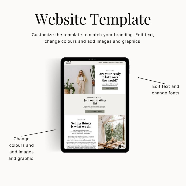 May include: A website template with a black background and white text. The text says "Are you ready to take over the world?" and "Join our mailing list". There is a photo of a woman in a white shirt and beige pants standing in front of a cactus. There is also a photo of a table with a white tablecloth and a vase of flowers.