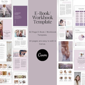 May include: An 82-page e-book or workbook template with a purple and white color scheme. The template includes pages for a table of contents, welcome, chapter, product catalogue, pricing plans, a pie chart, and a thank you page. The text "E-Book/Workbook Template" is displayed in large, bold letters. The text "All pages are easy to edit in Canva" is also displayed. The Canva logo is displayed in the lower right corner.