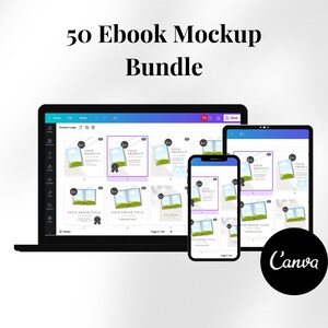 May include: A mockup of 50 ebook covers displayed on a laptop, tablet, and smartphone screen. The covers feature a green landscape with a blue sky and white clouds. The text on the covers reads "Your Product" and "Your Ebook Title". The image also includes the Canva logo.