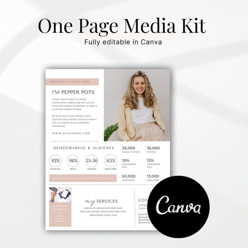 Peut inclure: Mod&egrave;le de kit m&eacute;dia d'une page con&ccedil;u pour Canva. Le mod&egrave;le pr&eacute;sente un sch&eacute;ma de couleurs rose et blanc avec une photo d'une femme. Le texte "I'm Pepper Pots" est pr&eacute;sent&eacute; en gras. Le mod&egrave;le comprend des sections pour les informations d&eacute;mographiques et sur le public, les services offerts et les coordonn&eacute;es. Le mod&egrave;le est enti&egrave;rement modifiable dans Canva.