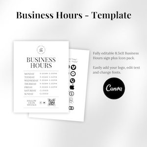 Business Opening Hours Template | QR Code Sign | Canva Template | Business Flyer Template | Business Hours Sign Editable | Open and closed