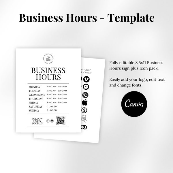 Business Opening Hours Template | QR Code Sign | Canva Template | Business Flyer Template | Business Hours Sign Editable | Open and closed