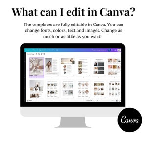 May include: A computer screen displaying a Canva product catalog template. The template is fully editable and includes pages for product images, descriptions, testimonials, and more. The text on the screen reads "Product Catalogue Template" and "Page 2/20".
