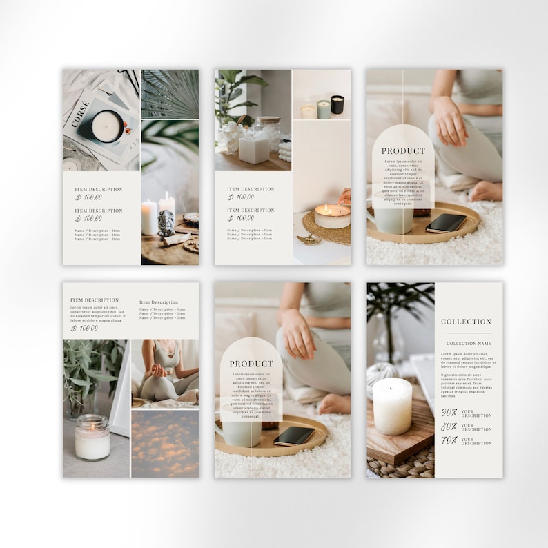 May include: A collection of product images featuring candles in various sizes and colors. The images are arranged in a grid format with text overlays describing the products and their prices. The text includes "ITEM DESCRIPTION", "$100.00", "PRODUCT", and "COLLECTION".