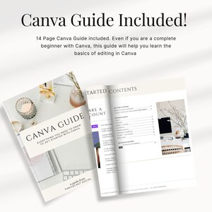 May include: A 14-page Canva guide with a white background and black text. The guide is titled "Canva Guide" and includes a table of contents with headings like "Getting Started", "Editing Basics", and "Advanced Editing".