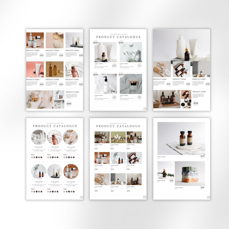 May include: Product catalogue featuring a variety of beauty and skincare products, including bottles, jars, and tubes. The products are arranged in a grid format with a white background and minimal styling. The text "PRODUCT CATALOGUE" is displayed at the top of each page.