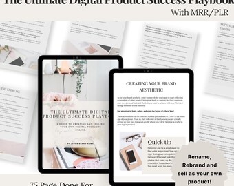 May include: A digital product success playbook with a pink and white floral design on the cover. The title is "The Ultimate Digital Product Success Playbook" and the subtitle is "A guide to creating and selling your own digital products online".