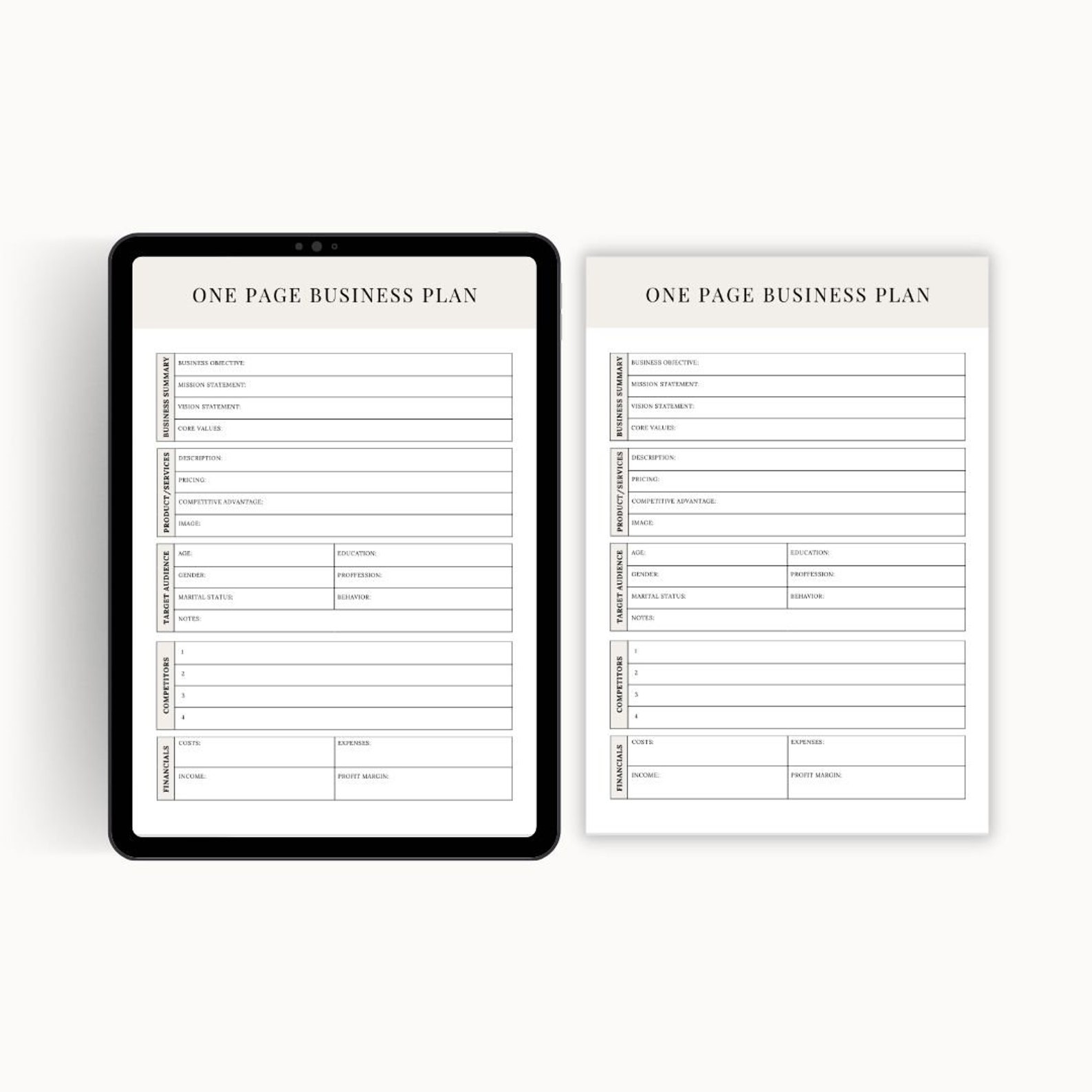One Page Business Plan | Printable PDF | Business Plan Startup ...