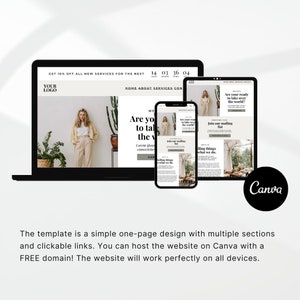 May include: A website mockup on a laptop, tablet, and phone, showcasing a simple one-page design with multiple sections and clickable links. The website features a light background with a green plant in the background and text that reads "Are you ready to take over the world?" and "Join our mailing list".
