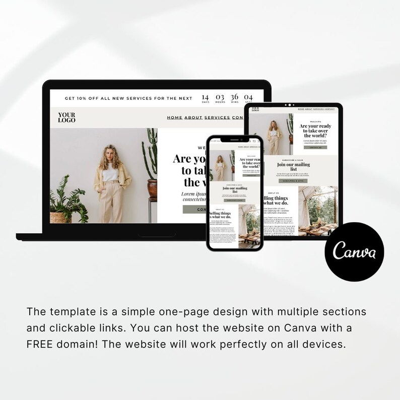 May include: A website mockup on a laptop, tablet, and phone, showcasing a simple one-page design with multiple sections and clickable links. The website features a light background with a green plant in the background and text that reads "Are you ready to take over the world?" and "Join our mailing list".