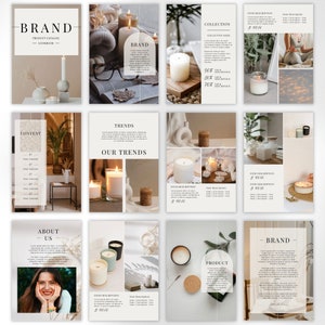 May include: A product catalog lookbook for a candle brand. The lookbook features images of candles in various settings, including a bedroom, a living room, and a bathroom. The lookbook also includes text about the brand, its products, and its trends. The text includes the words "Brand", "Content", "Trends", "Our Trends", "Collection", "About Us", and "Product".