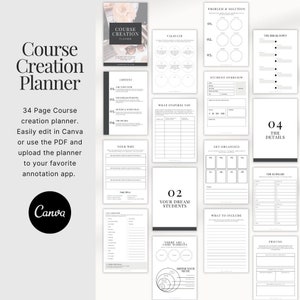 May include: A black and white printable course creation planner with 34 pages. The planner includes sections for content, your why, your dream students, problem and solution, student overview, get organized, what to include, the summary, and pricing. The planner is designed to be used with Canva.