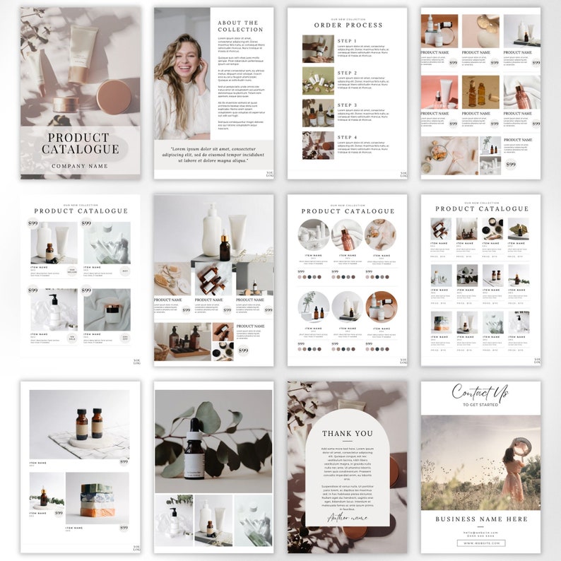 May include: A product catalogue for a beauty brand featuring a variety of products, including skincare, hair care, and body care. The catalogue includes images of the products, descriptions, and prices. The catalogue also includes information about the brand and its mission. The catalogue is designed to be visually appealing and informative.