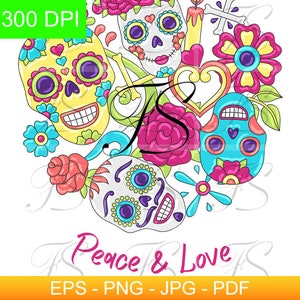 Printable Design - T576 -  Tête de mort - Skulls - Peace and Love - image à imprimer - Digital Download - 300 DPI - Svg Compatible Cricut