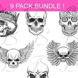 Printable Designs -T552 - 9 PACK BUNDLE - Têtes de mort - Skull Head - Fashionpowerdesign Art Bundle 300 DPI - Compatible Svg Cricut