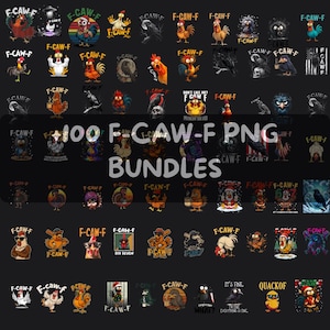 Pode incluir: Uma coleção de 100 pacotes PNG F-CAW-F com vários desenhos de galos e corvos de desenhos animados. As imagens estão em uma variedade de cores e estilos, algumas incluem texto. O tema geral é humorístico e caprichoso.