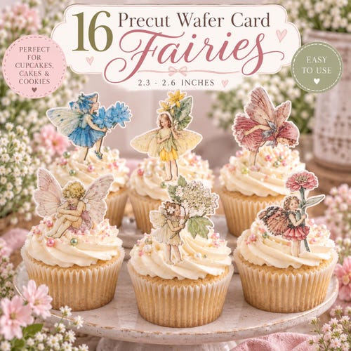 Edible Vintage Fairy Cake Toppers – 16 Pre-Cut Wafer Fairies, Fairy Cake Decorations, Fairy Birthday Cupcake Toppers