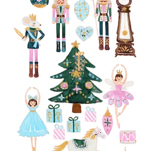 May include: A watercolour illustration featuring Christmas-themed imagery. Depicted are nutcrackers, a ballerina, a rocking horse, gifts, and a clock. The colour scheme includes pink, blue, green, and gold. The text "The Nutcracker" is visible.