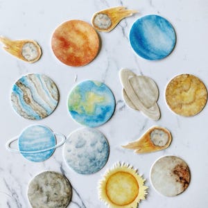 Pack of 15 Die Cut Wafer Solar System  elements, Edible Planet Toppers, Plant Cake, Space Cake, Space Cupcakes, Planet Cupcake Toppers