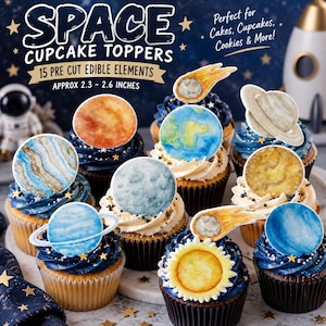 May include: A set of 15 pre-cut edible space cupcake toppers featuring watercolour-style planets, moons, and comets. The packaging text reads SPACE CUPCAKE TOPPERS, 15 PRE CUT EDIBLE ELEMENTS, APPROX 2.3 - 2.6 INCHES, and Perfect for Cakes, Cupcakes, Cookies & More!