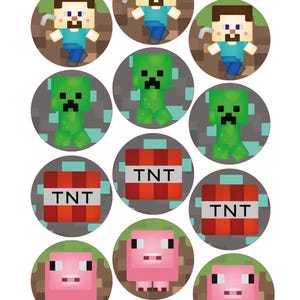 Può includere: Una collezione di adesivi circolari con personaggi e oggetti pixelati del videogioco Minecraft. Gli adesivi includono personaggi come Steve, Creeper, maiali e blocchi di TNT. I disegni sono ambientati su uno sfondo di terra ed erba.