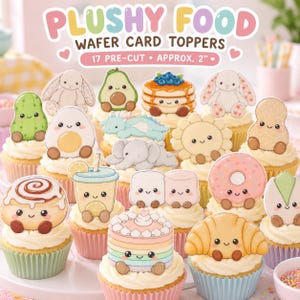 May include: A set of 17 pre-cut wafer card toppers featuring various cute, illustrated food items and animals with smiling faces, including a pancake stack, donut, croissant, cinnamon roll, avocado, and elephant, each approximately 5 cm.