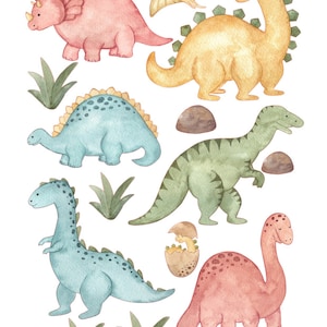May include: A watercolour illustration of several dinosaurs in pastel shades. The image includes a triceratops, a brontosaurus, a stegosaurus, a T-Rex, and a long-necked dinosaur, plus a pterodactyl, rocks, and foliage.