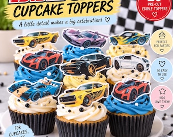 Pack of 20 Edible Wafer Die Cut Race Cars - Edible, Edible Fast Cars Toppers, Car Toppers, Wafer Paper Toppers, Wheels Cars cupcake toppers