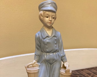 Lladro Inspired Boy with milk pails, Blue Figurine