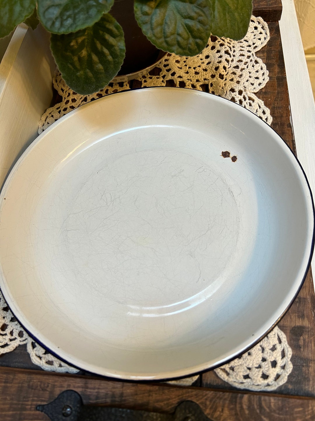 Vintage Enamelware Pan, Vintage Enamelware Plate, Enamelware, Black and