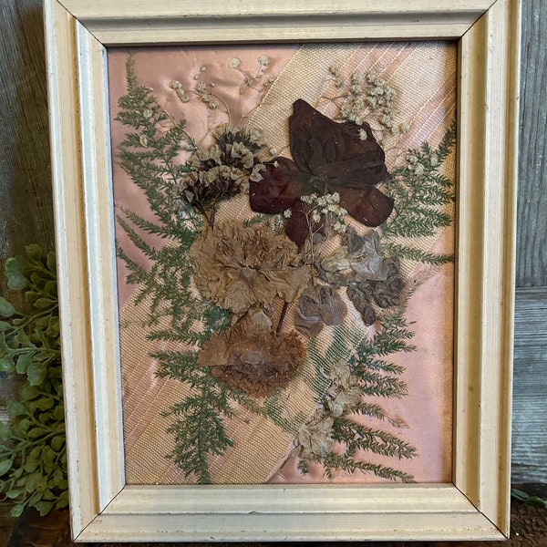 Vintage dried florals and satin in frame, dried florals framed, pressed flowers, cottage core, floral artwork