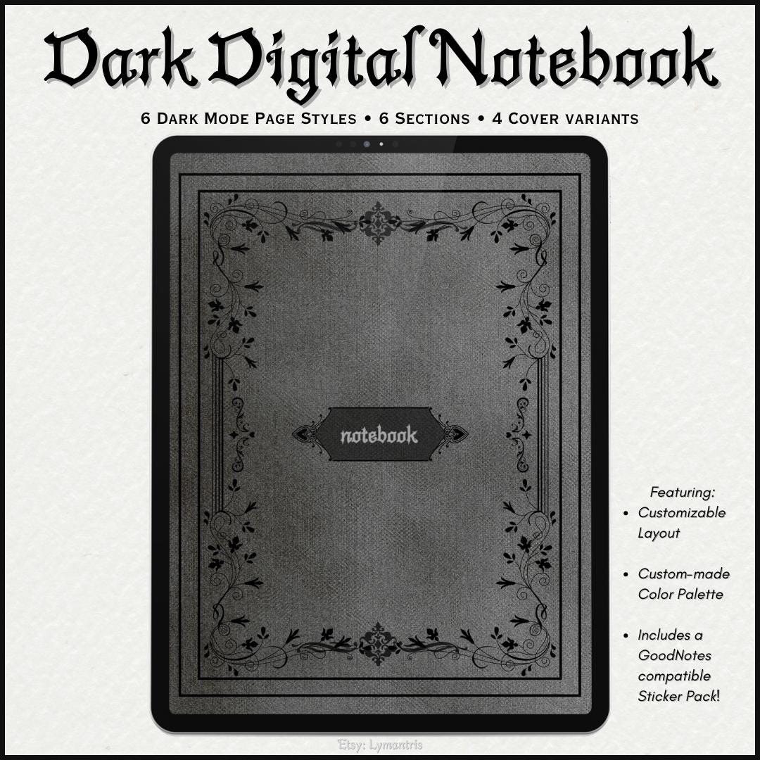 Goth Notes App Gothic Dark Mode Digital Notebook for Goodnotes: iPad Portrait Template ...