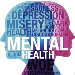 May include: A blue and pink silhouette of two human heads with overlapping word clouds. The words in the clouds are related to mental health, including sadness, depression, misery, gloom, and woe.