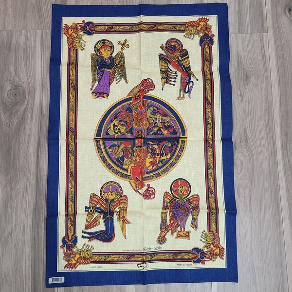 Vintage Linen Union Cloth Tapestry Illustrations From The Book of Kells Made In Ireland Fingal 29.5" x 19"