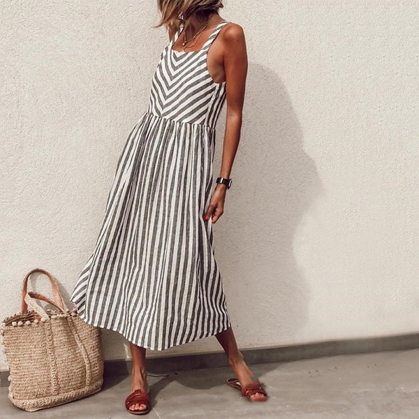 Boho Fashion Round Neck Sleeveless Striped Skirt