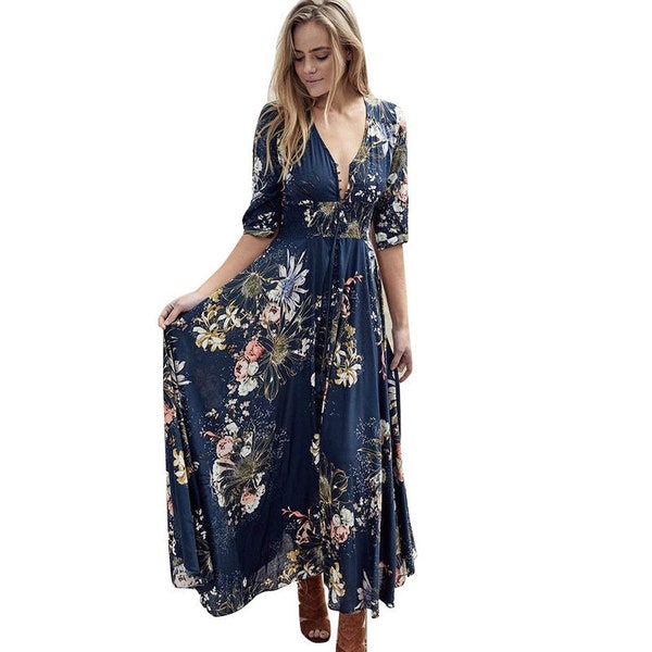 Bohemian Print V-Neck Button Three-Quarter Sleeves Large Skirt Dress