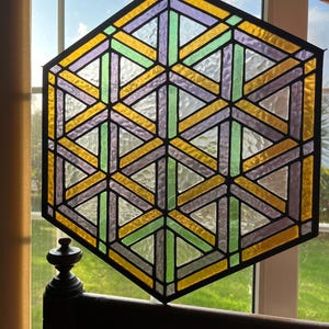 Hexagonal geometric stained glass panel