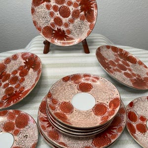 Japanese  Kutani Lotus Flowers Saucers & Plates 1940’s Antique