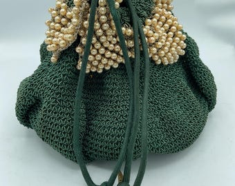 Vintage  1950’s Green Crochet  Faux Pearl Drawstring Bag.