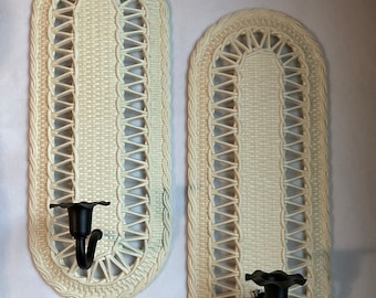 Vintage Burwood 1972 Sconce Wall Candleholders Faux Wicker