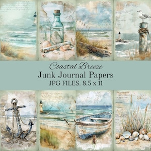 Junk Journal Digital Paper Pack, Coastal Breeze, Seaside Scrapbook Paper Kit, Shabby Chic,  Printable, Crafting Paper, Instant Download